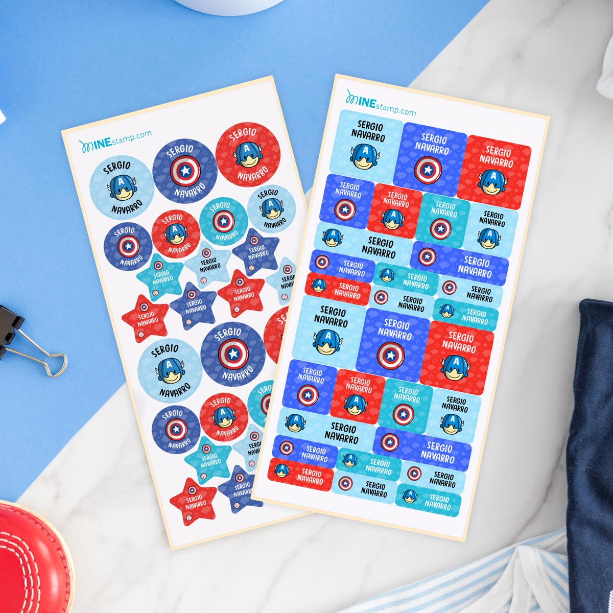 Pack de etiquetas textiles termoadhesivas y adhesivas superhéroes CAPITÁN AMÉRICA