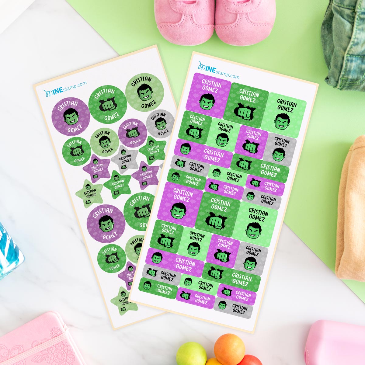 Pack de etiquetas textiles termoadhesivas y adhesivas superhéroes HULK