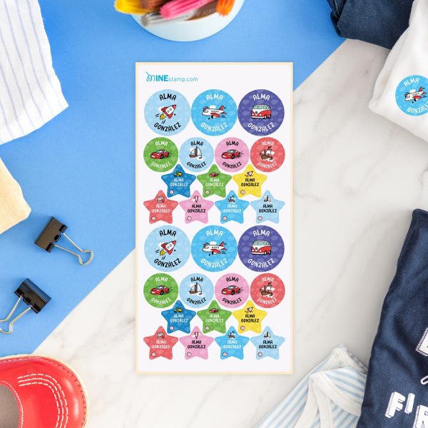 Etiquetas textiles termoadhesivas redondas y estrellas VEHÍCULOS