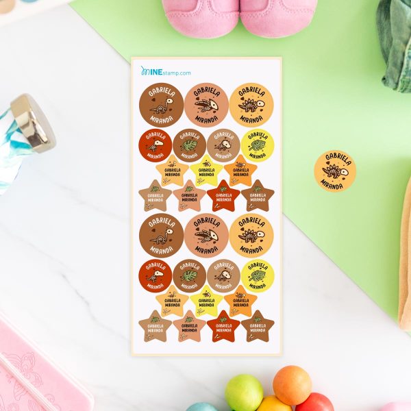 Etiquetas adhesivas redondas y estrellas DINOSAURIOS ESQUELETOS