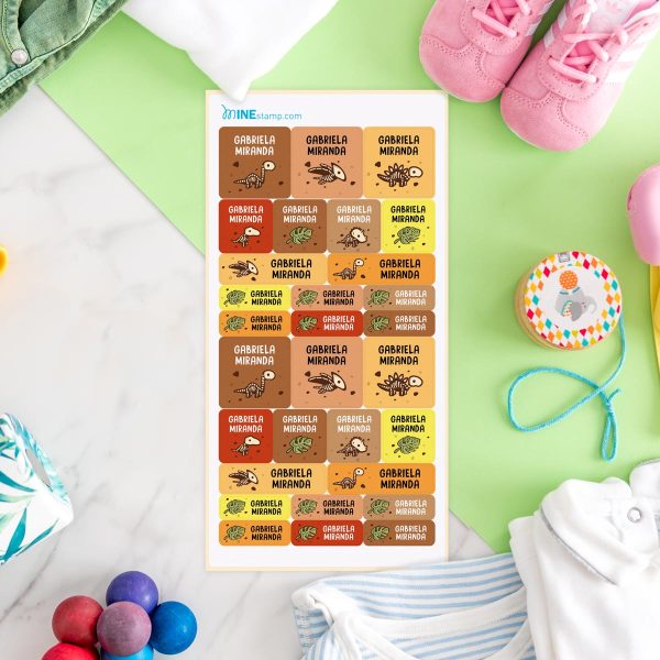 Etiquetas textiles termoadhesivas rectangulares y cuadradas DINOSAURIOS ESQUELETOS