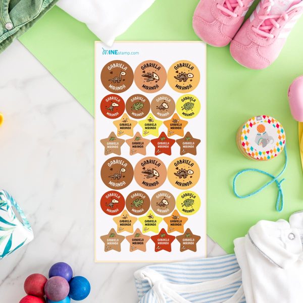 Etiquetas textiles termoadhesivas redondas y estrellas DINOSAURIOS ESQUELETOS
